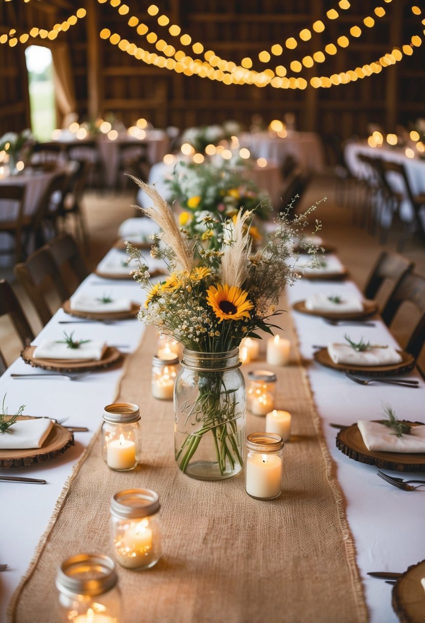 A rustic barn wedding table adorned with mason jar centerpieces, wildflower bouquets, and burlap table runners. Fairy lights and candles create a warm, romantic atmosphere