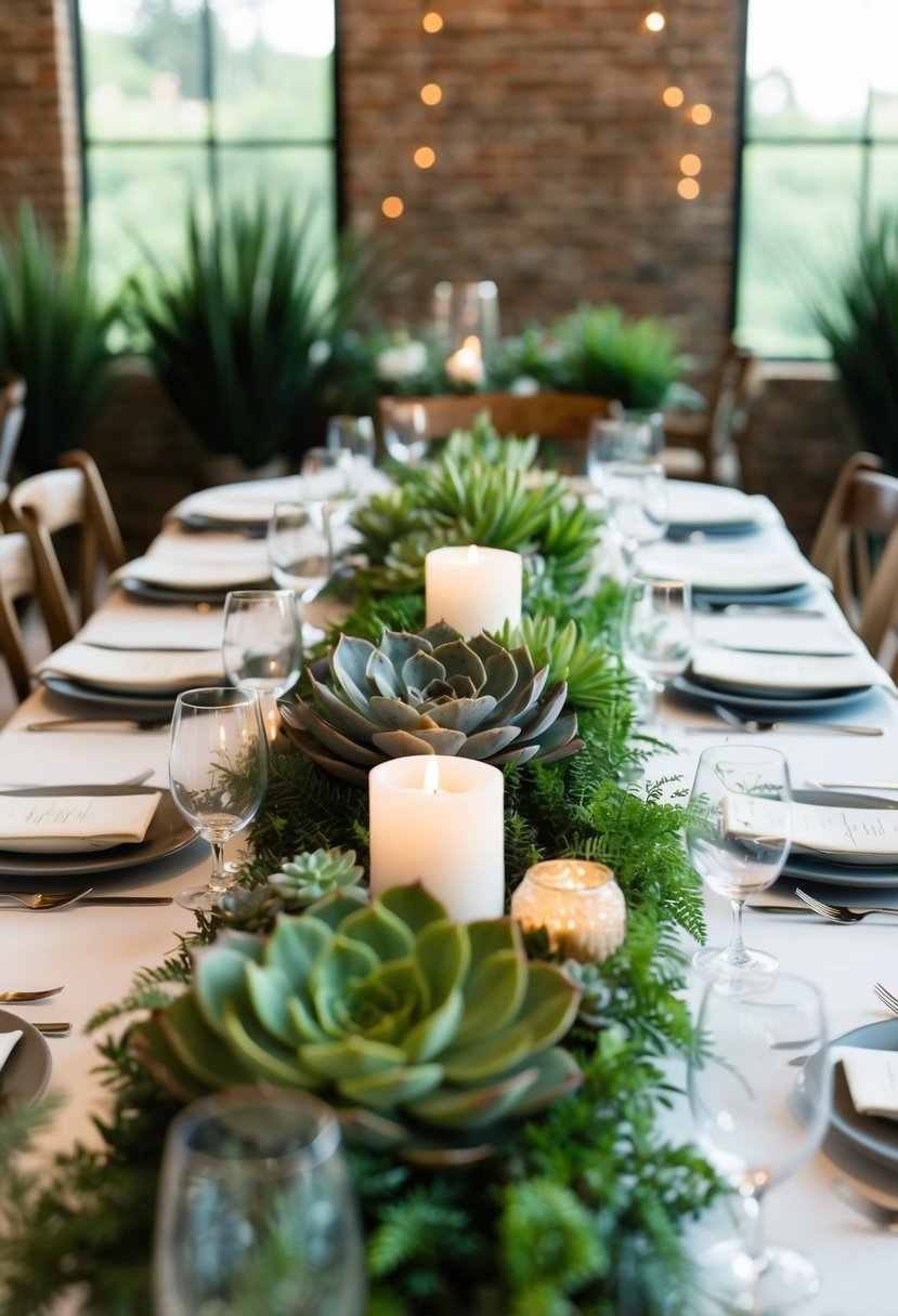 A table adorned with lush greenery and succulents, creating a natural and elegant wedding centerpiece