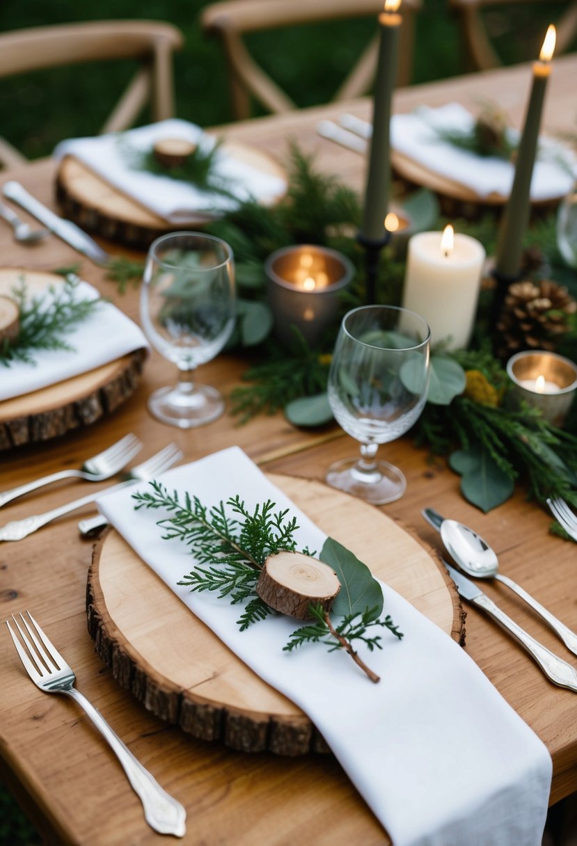 A wooden table set with rustic wood slice chargers, adorned with natural elements for a nature-themed wedding decoration