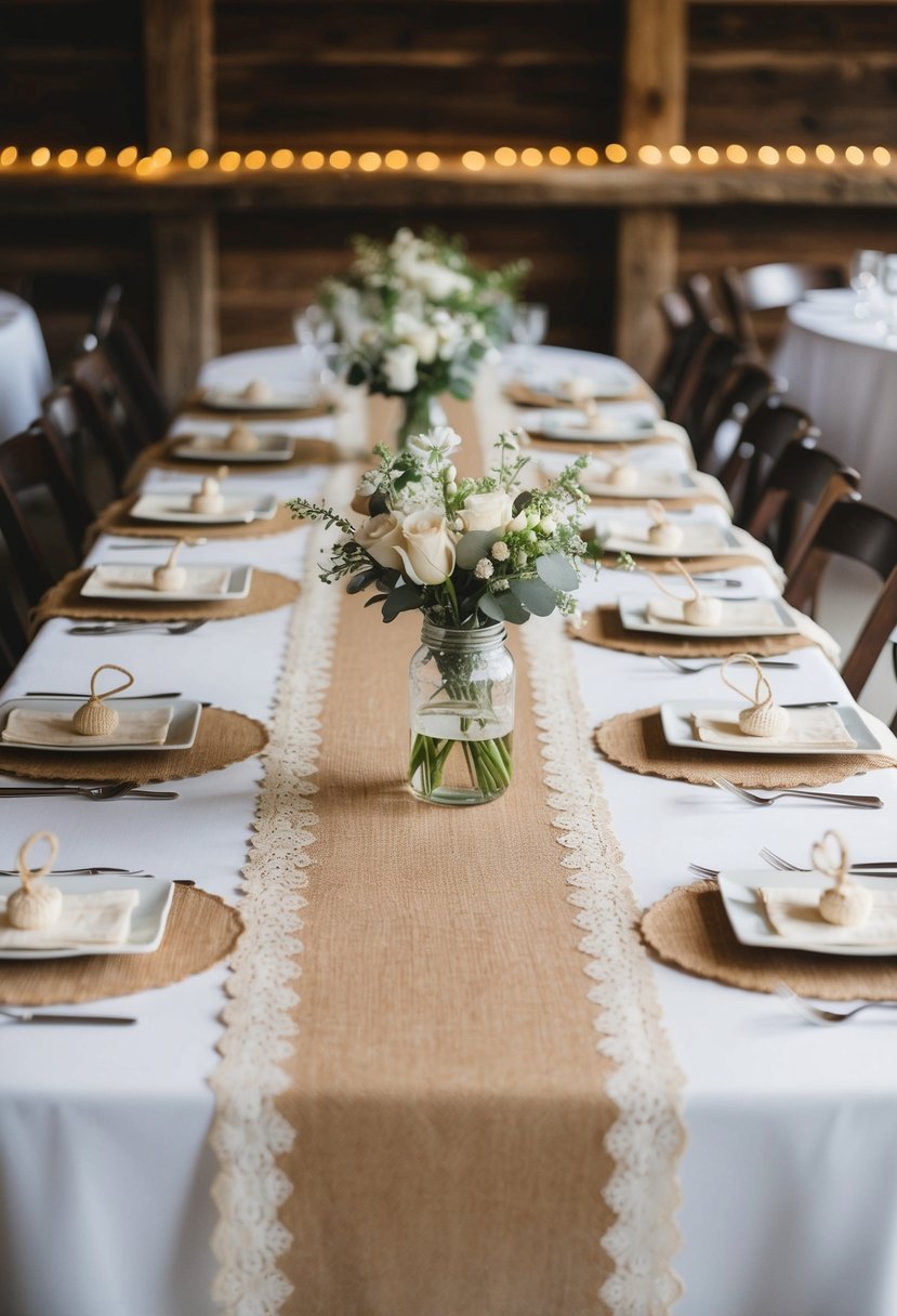 Burlap table runners with lace overlays adorn rustic barn wedding tables