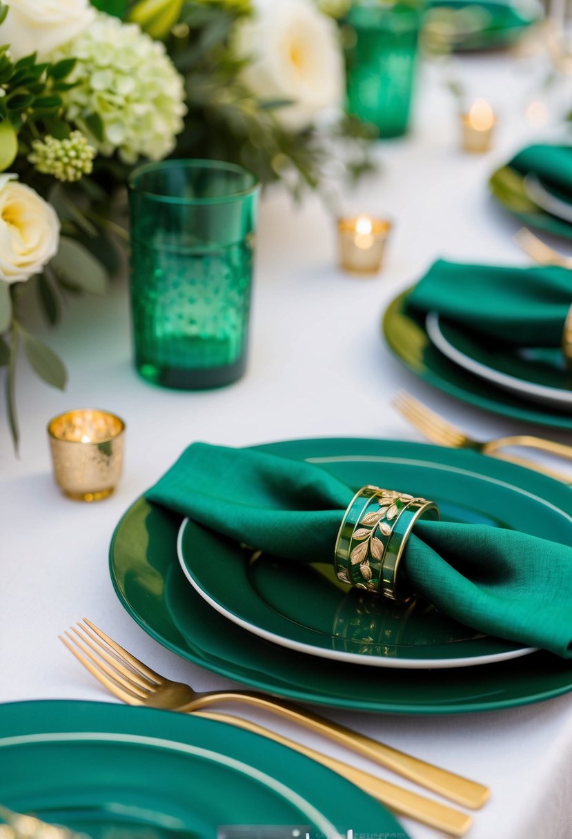 Emerald green napkin rings with gold detailing arranged on a table with green and gold wedding decor