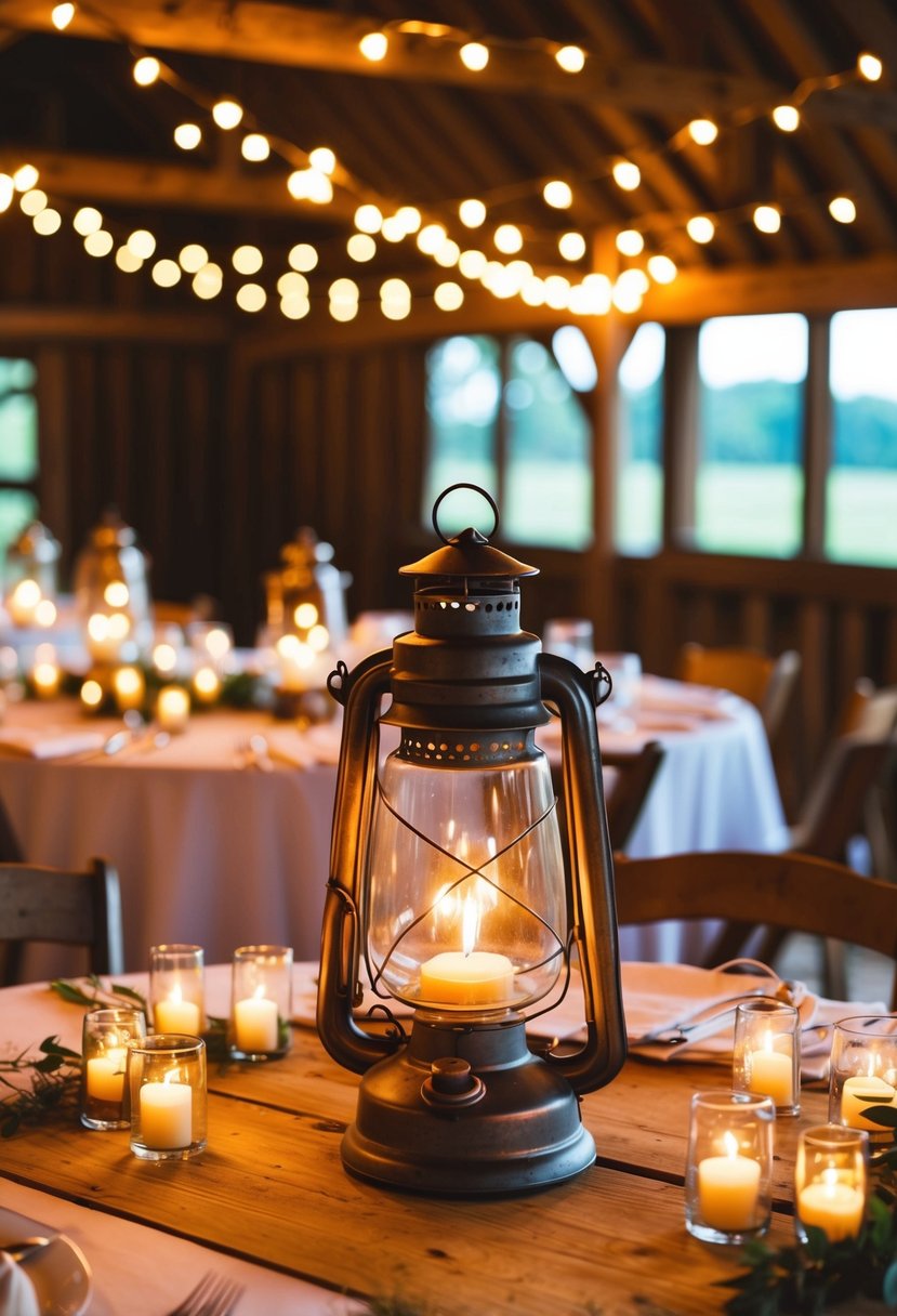 Vintage lanterns with warm fairy lights adorn rustic barn wedding tables, casting a cozy glow over the charming, intimate setting