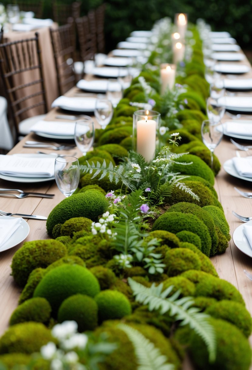 A long, winding table covered in lush green moss, interspersed with delicate wildflowers and ferns, creating a natural and enchanting wedding table decoration