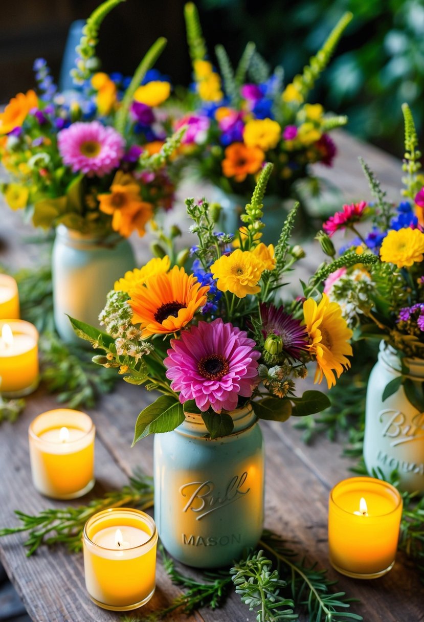 Colorful wildflower bouquets arranged in mason jars on a rustic wooden table, surrounded by greenery and flickering candles