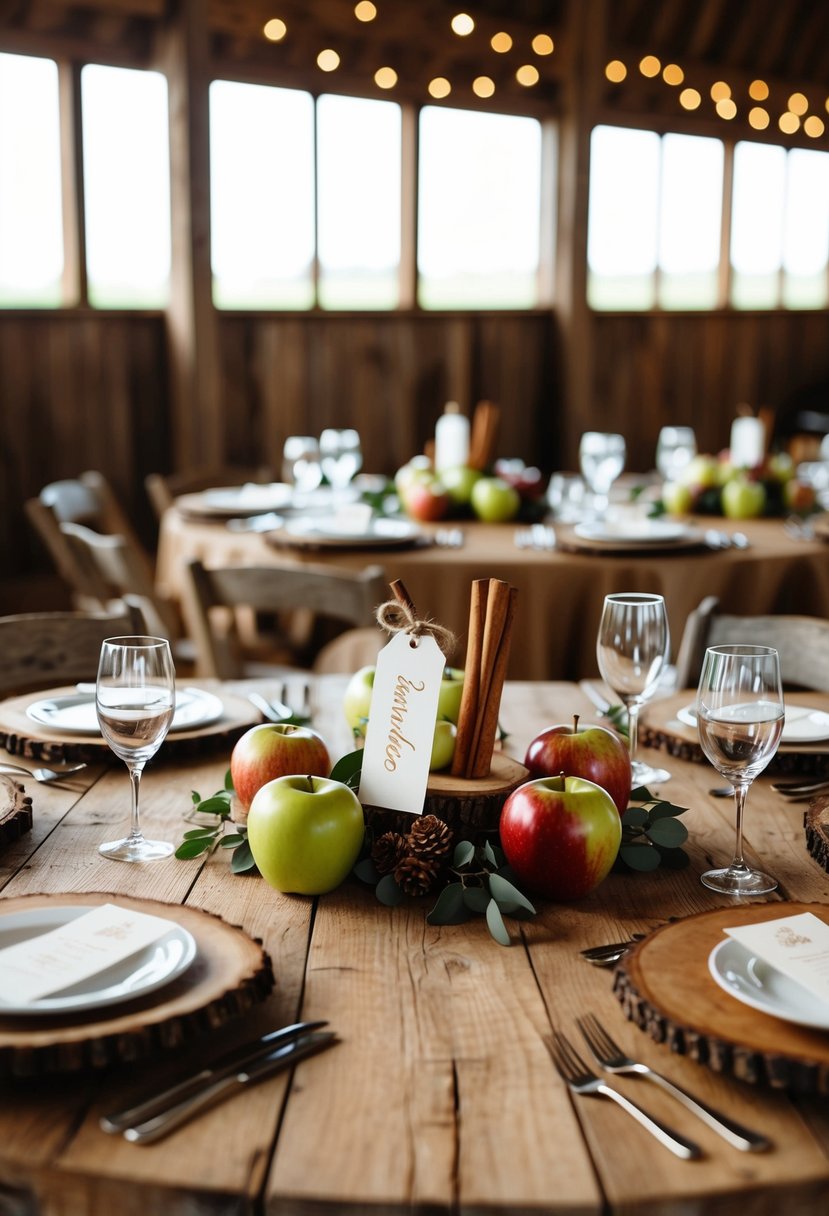 A rustic barn table set with apple and cinnamon stick centerpieces, each adorned with name tags for a charming wedding decoration