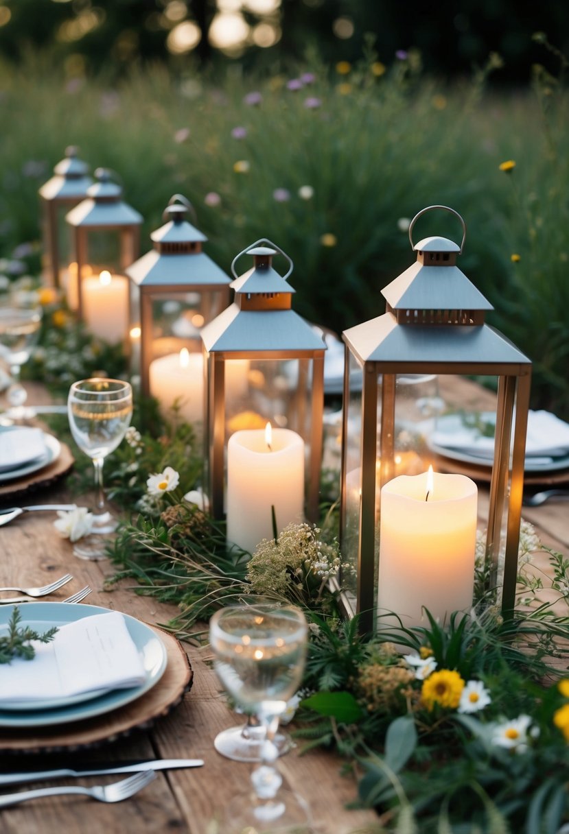 Candlelit lanterns adorn a rustic wooden table, nestled among greenery and wildflowers, creating a warm and romantic ambiance for a nature-inspired wedding celebration