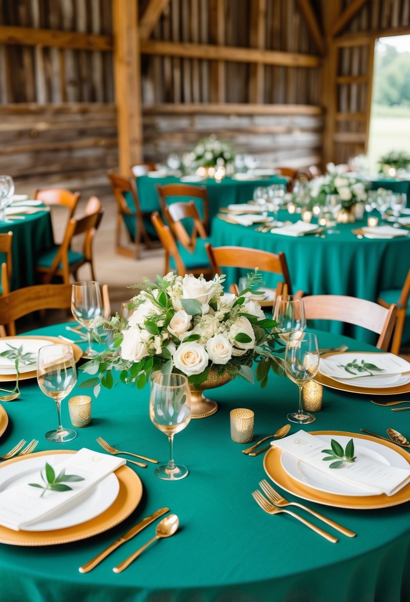 Emerald green tablecloths, golden cutlery, and lush floral centerpieces elevate rustic barn wedding tables