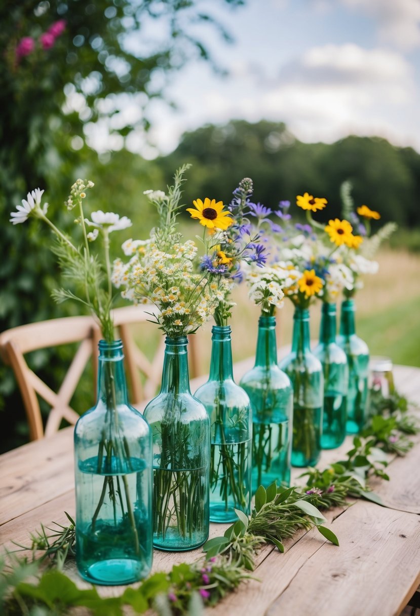 A rustic wooden table adorned with vintage glass bottles filled with wildflowers and surrounded by greenery, creating a charming nature-inspired wedding decoration