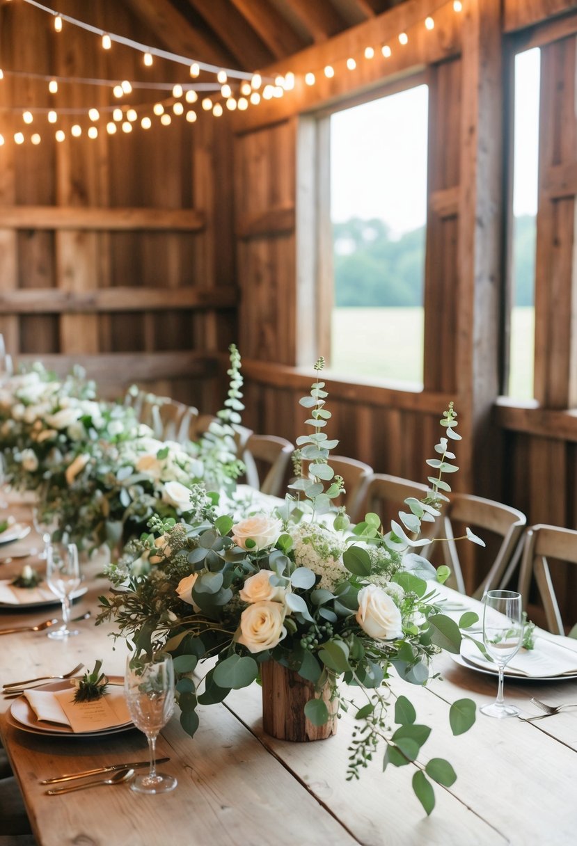 A rustic barn wedding table adorned with boho eucalyptus and flower arrangements