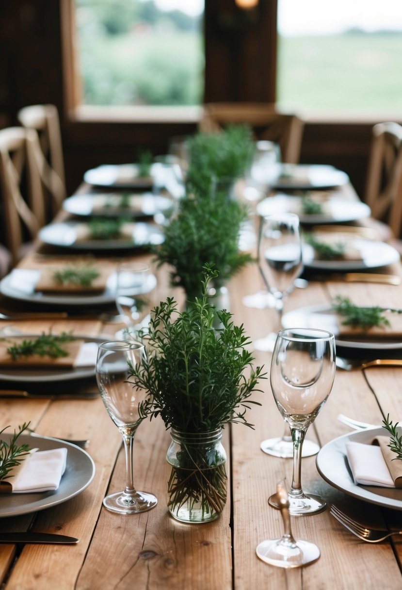 A rustic table setting with small herb sprigs placed in front of each guest's seat, adding a natural and earthy touch to the wedding decor