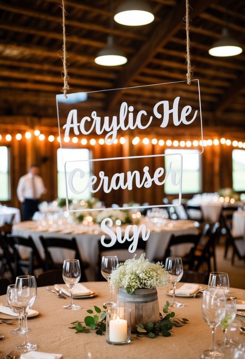 Acrylic signs hang above rustic centerpieces on barn wedding tables