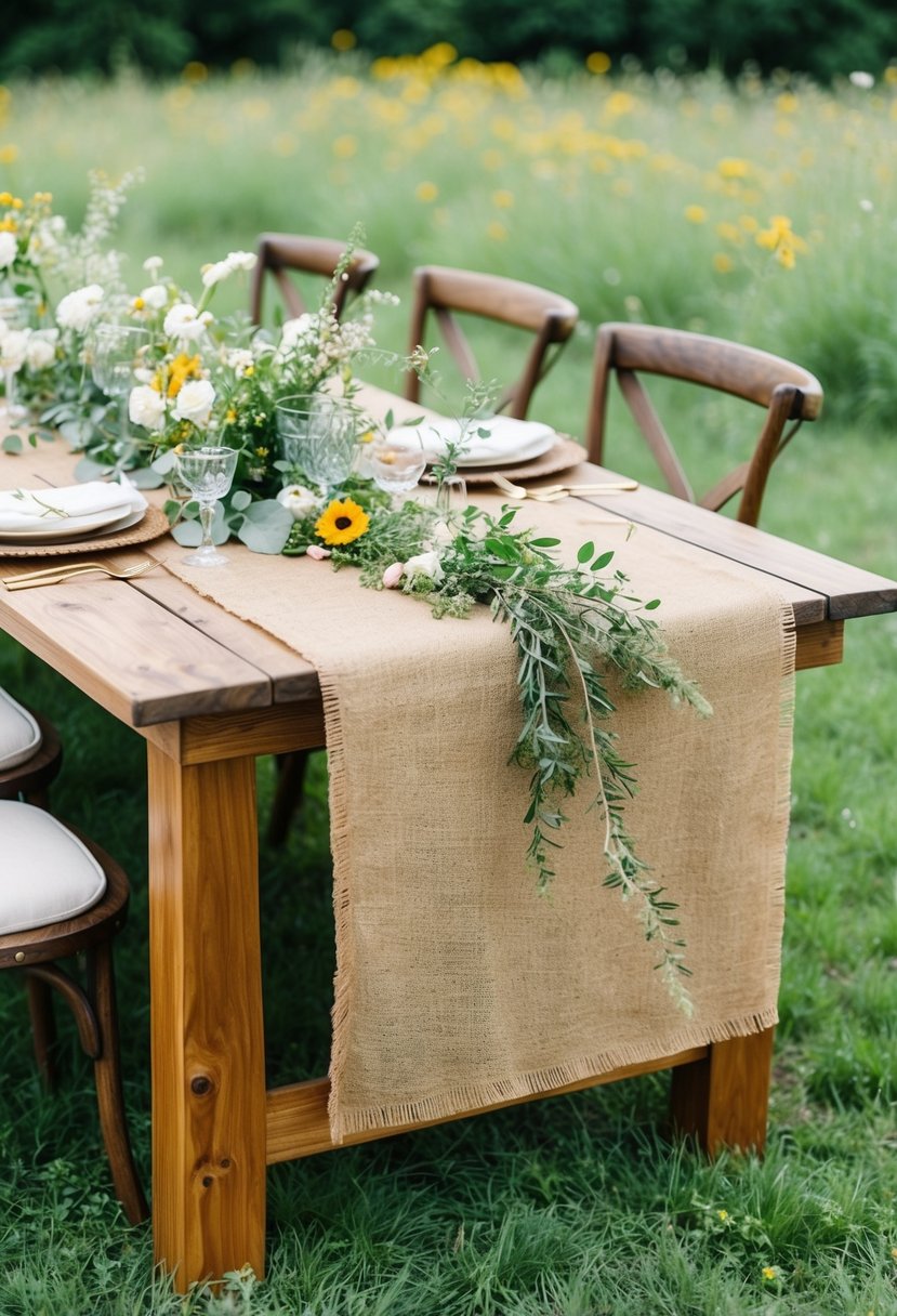 A wooden table adorned with a rustic burlap tablecloth, surrounded by wildflowers and greenery, creating a natural and charming wedding table decoration