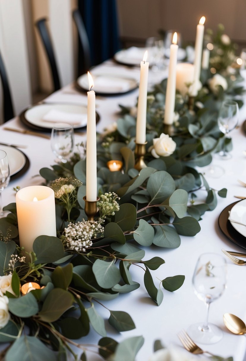 A table adorned with a lush eucalyptus garland, interspersed with delicate flowers and candles, creating a natural and elegant wedding centerpiece