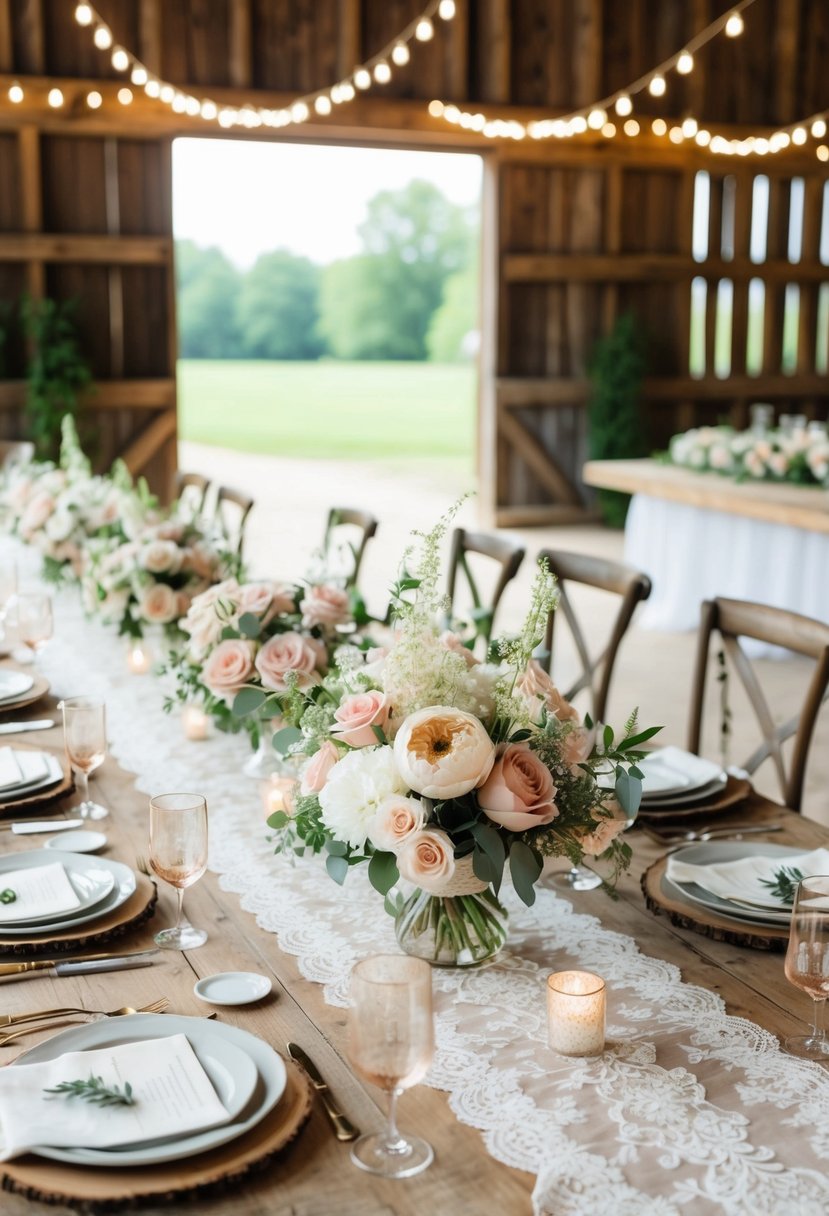 A rustic barn wedding table adorned with soft blush and white floral arrangements, delicate lace runners, and simple, elegant place settings