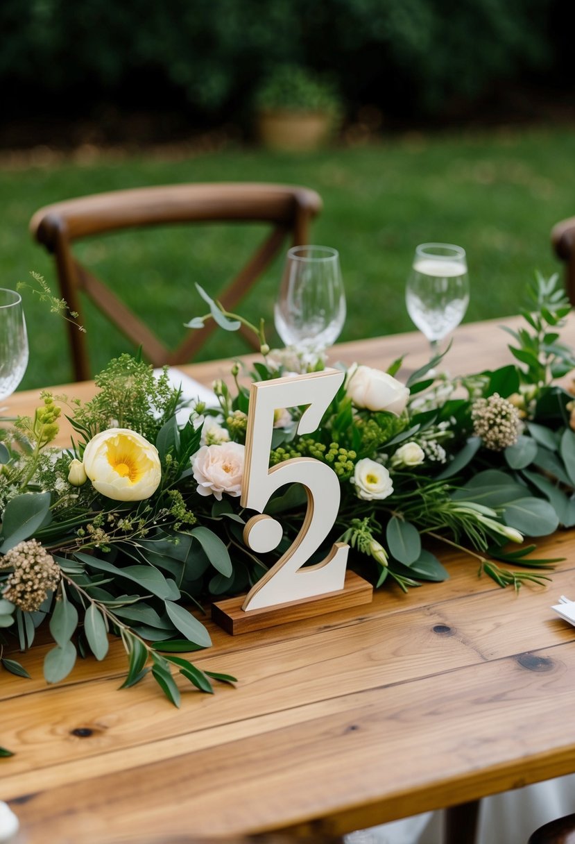 A wooden table adorned with natural elements like flowers and greenery, with elegant wooden table numbers as wedding decorations