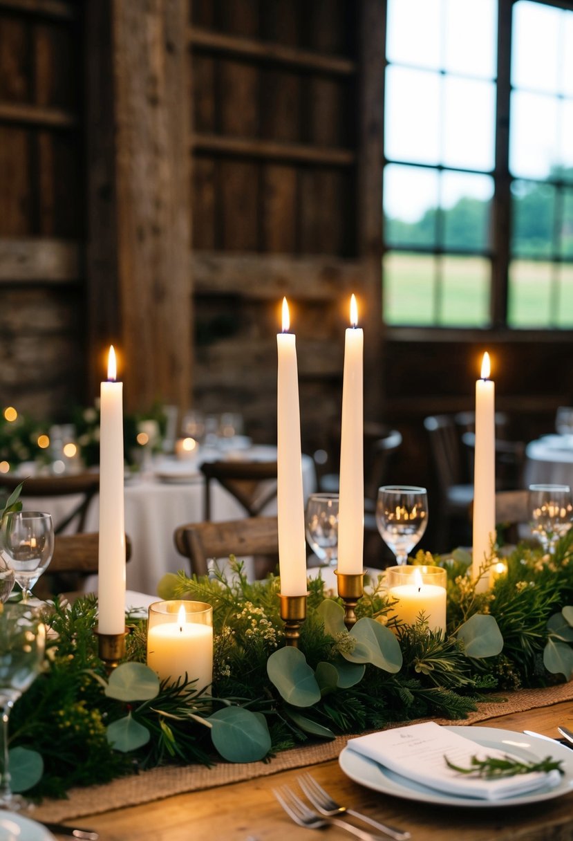 Long stem and shorter candles are nestled among greenery on a rustic barn wedding table