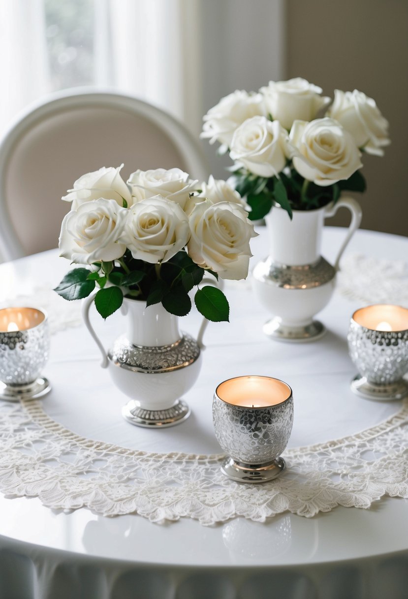 A white table adorned with delicate lace, porcelain vases filled with white roses, and shimmering silver candle holders