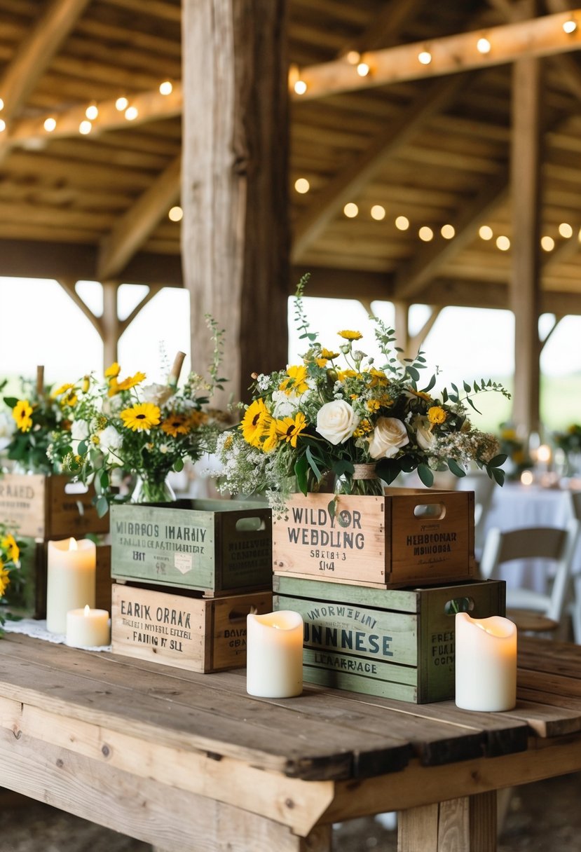 Vintage wooden crates arranged on a barn table with wildflowers and candles for a rustic wedding centerpiece