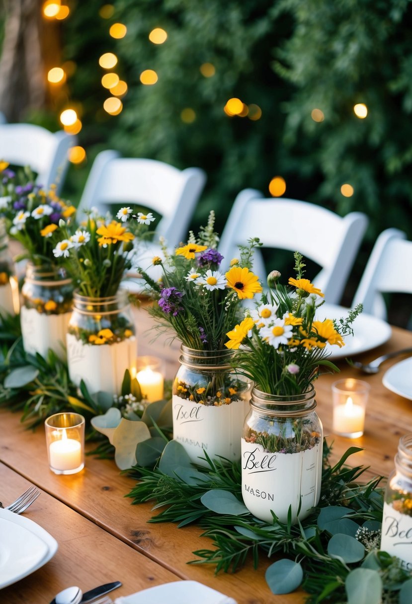 A wooden table adorned with mason jar centerpieces filled with wildflowers, surrounded by lush greenery and flickering tea light candles