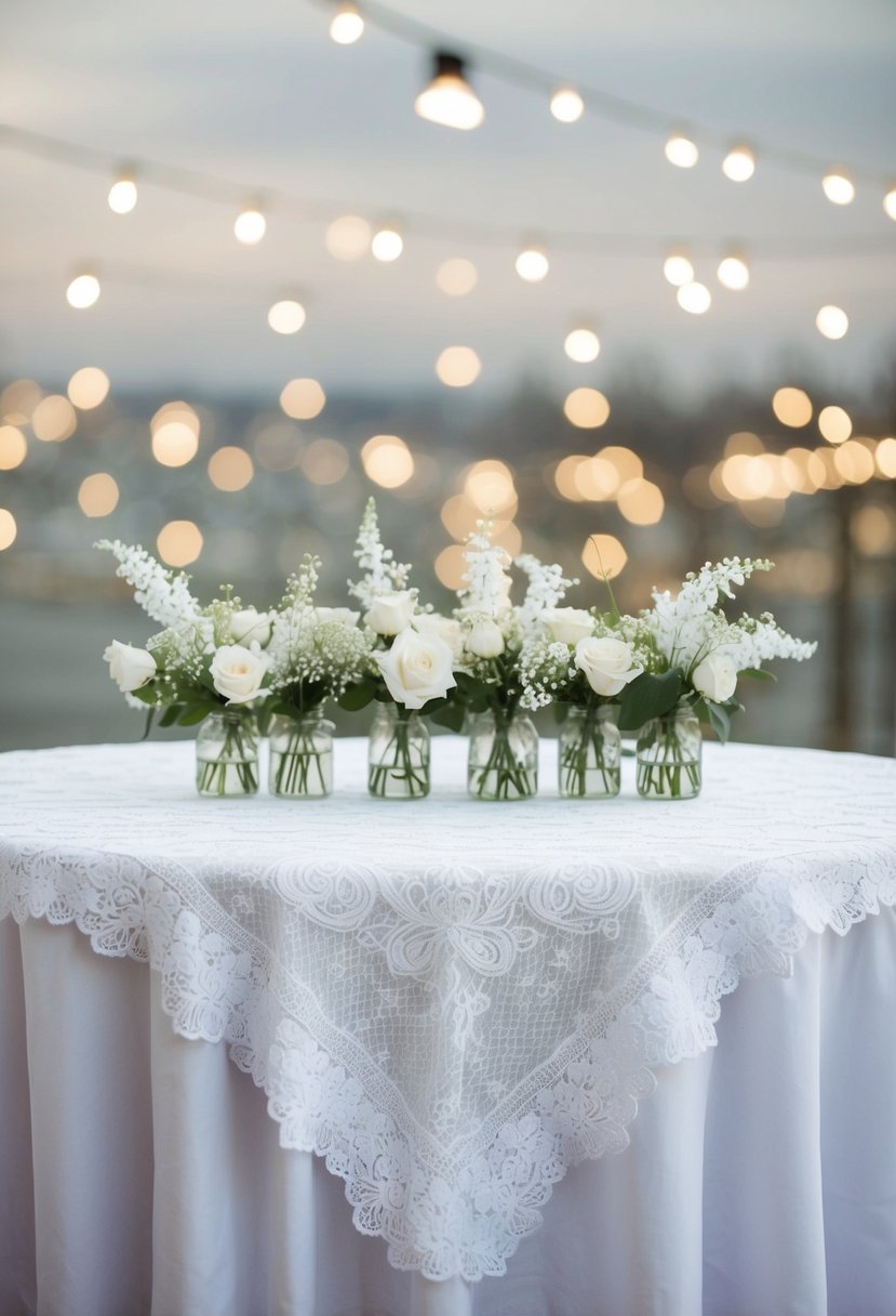 A white lace tablecloth drapes over a table adorned with delicate white wedding decorations