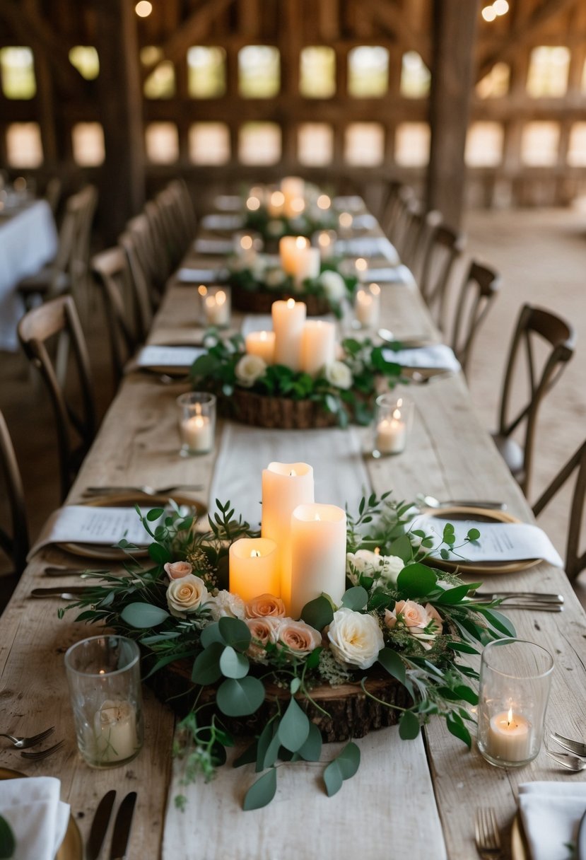 Floral hoop centerpieces arranged on rustic barn tables with candles and greenery