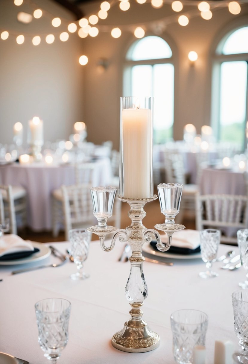 A white table adorned with crystal candlestick holders for a wedding decoration