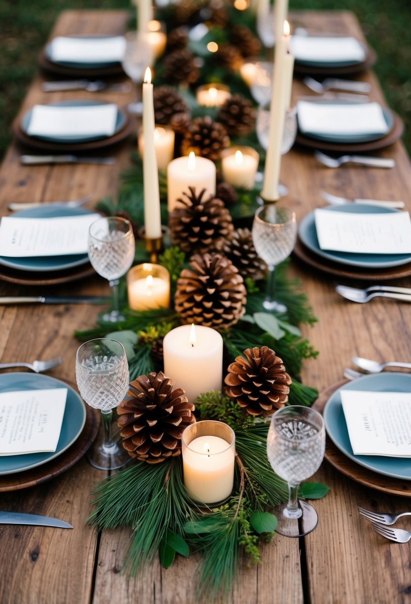 A rustic wooden table adorned with pinecones, greenery, and candles, creating a natural and elegant wedding centerpiece