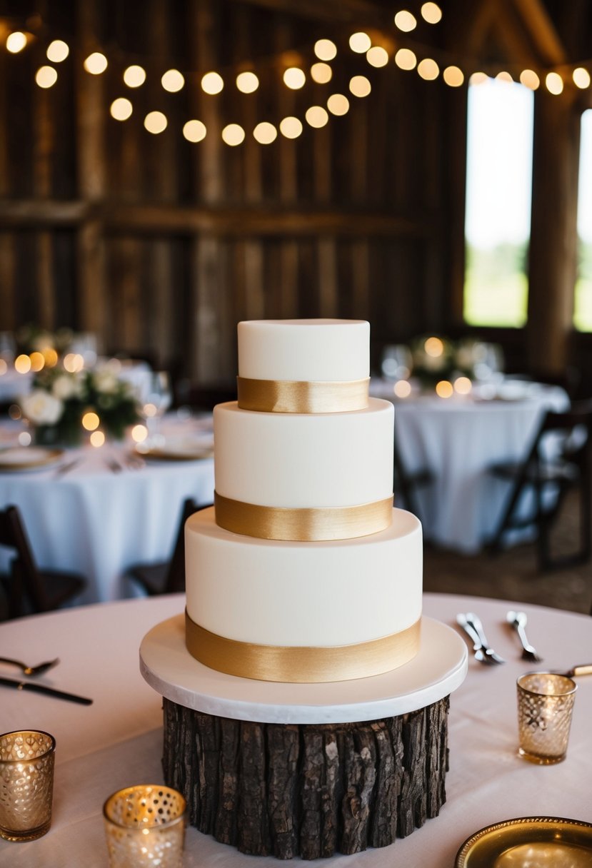 A minimalistic white and gold cake sits as table decor at a rustic barn wedding