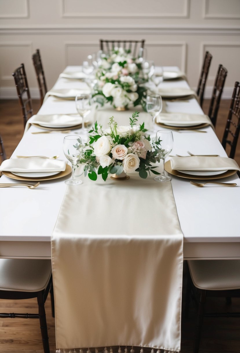 Ivory silk table runners draped across a white table with elegant floral centerpieces