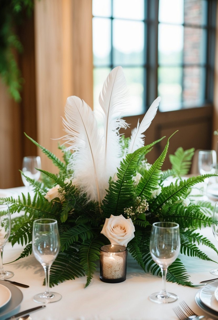 A table adorned with delicate feathers and lush ferns, creating a natural and elegant wedding centerpiece