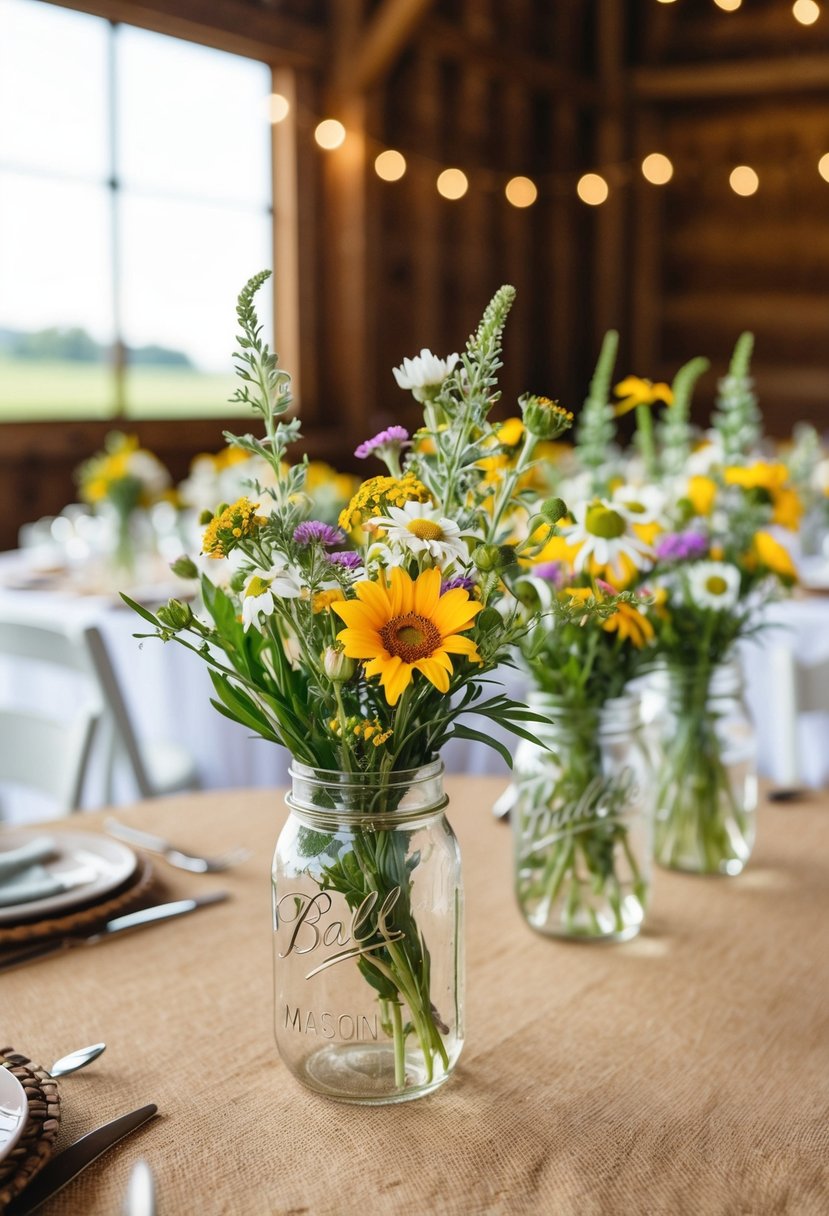 Mason jar centerpieces filled with wildflowers adorn rustic barn wedding tables