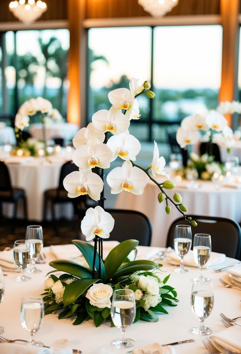 A table set with all-white orchid floral centerpieces for a wedding