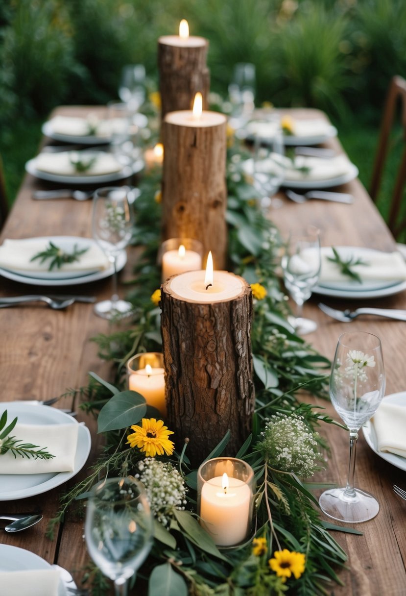 A wooden table adorned with natural log candle holders, surrounded by greenery and wildflowers, creating a rustic and enchanting wedding table decoration