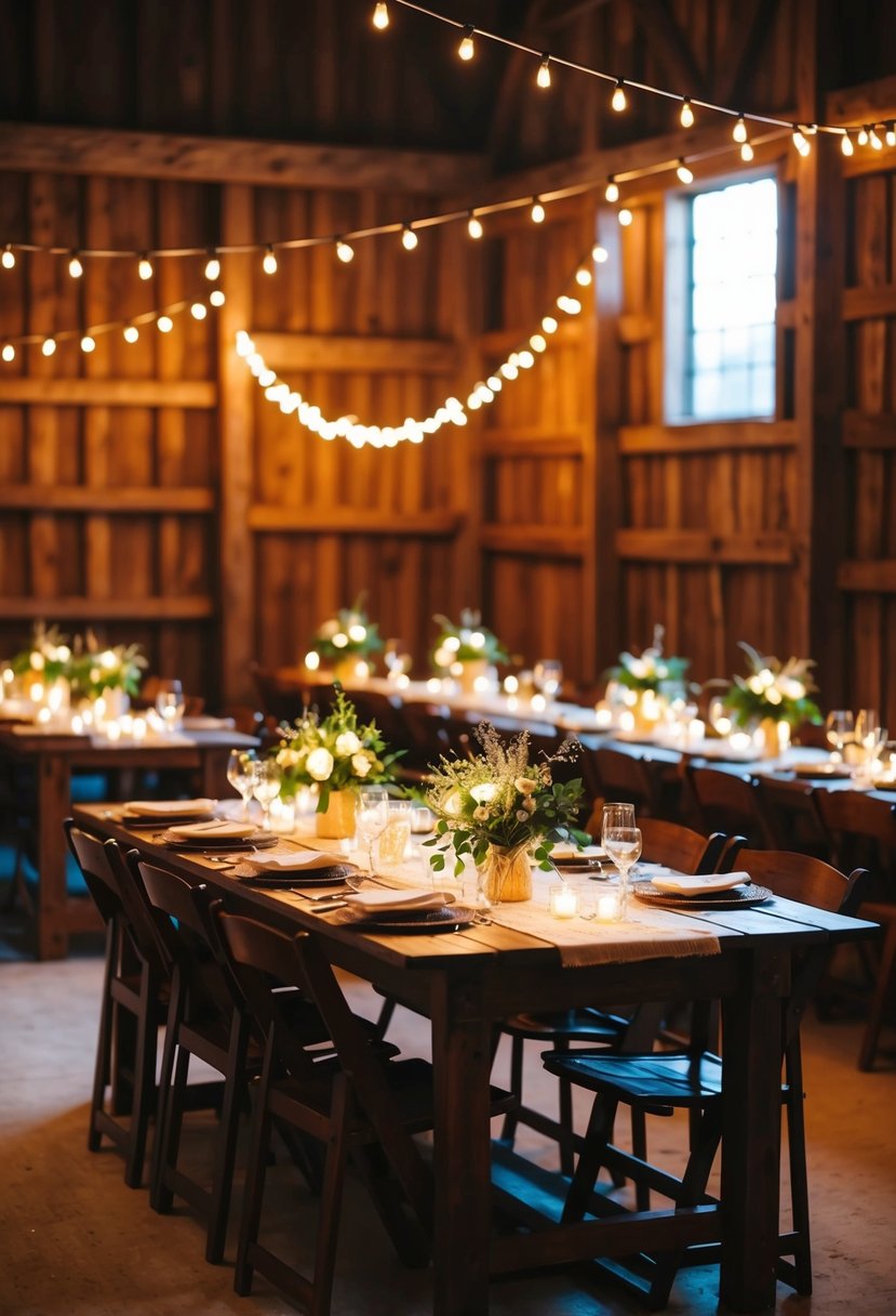 Warm light from string lights illuminates rustic tables in a barn, creating a cozy atmosphere for a wedding celebration