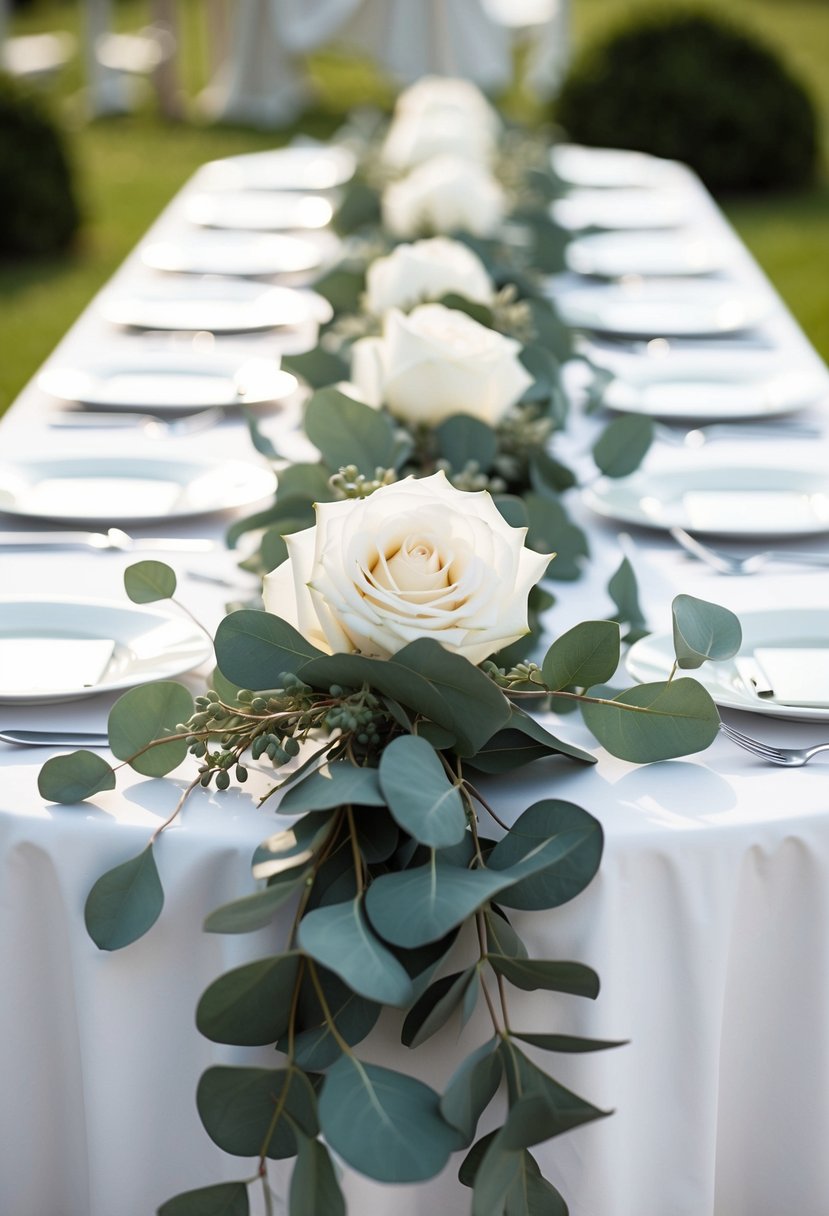 A white rose and eucalyptus garland drapes elegantly across a pristine white wedding table