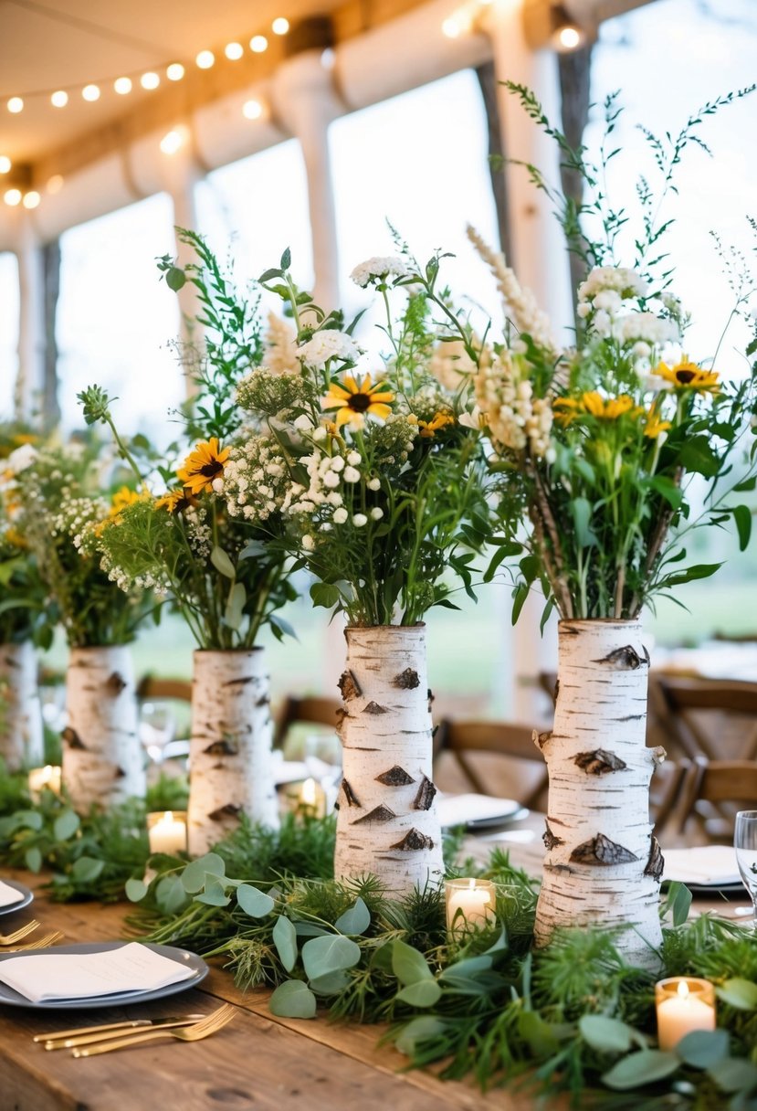 Birch tree vases filled with wildflowers and greenery adorn a rustic wedding table setting