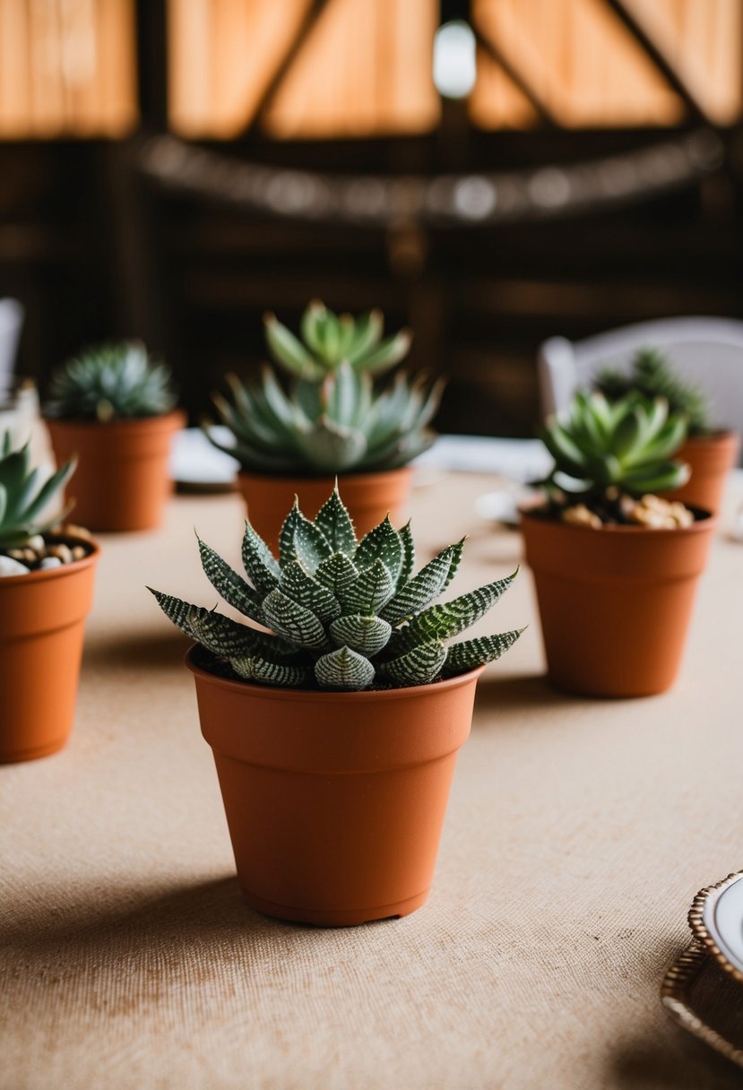 Small potted succulents adorn rustic tables at a barn wedding