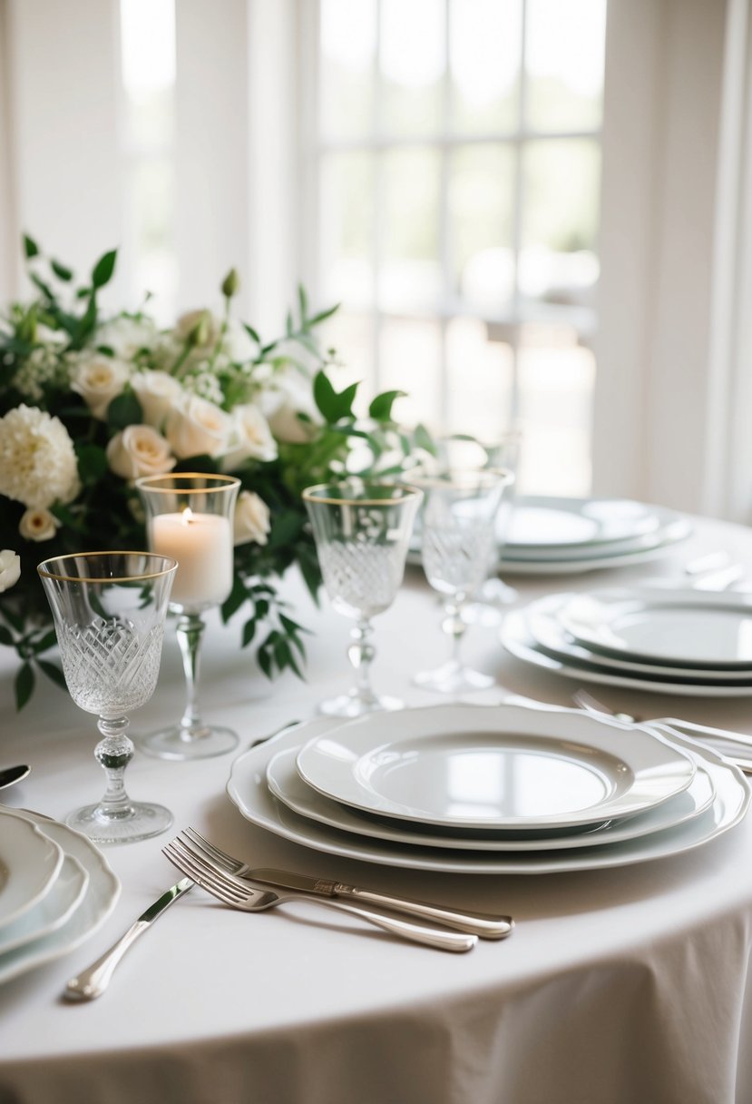 White china plates arranged on a pristine wedding table, creating an elegant and timeless aesthetic