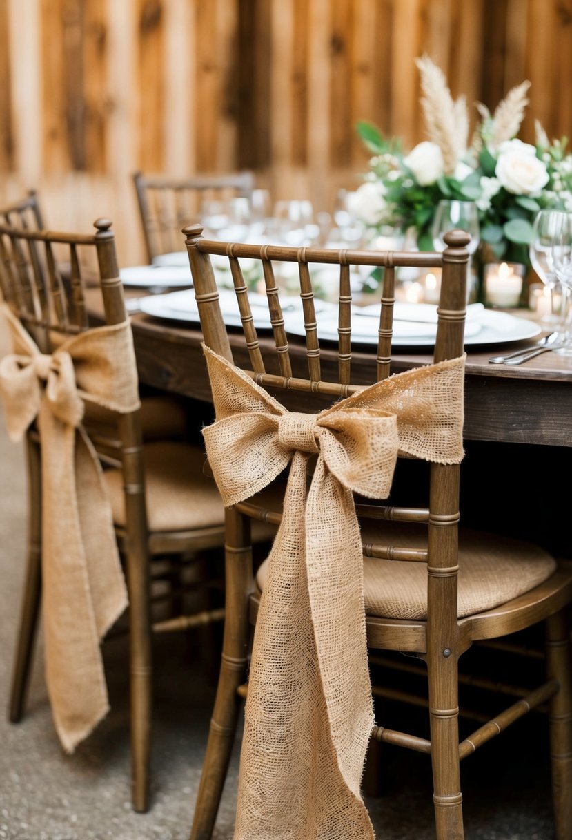 Burlap chair sashes tied in rustic bows on wooden chairs at a barn wedding reception table