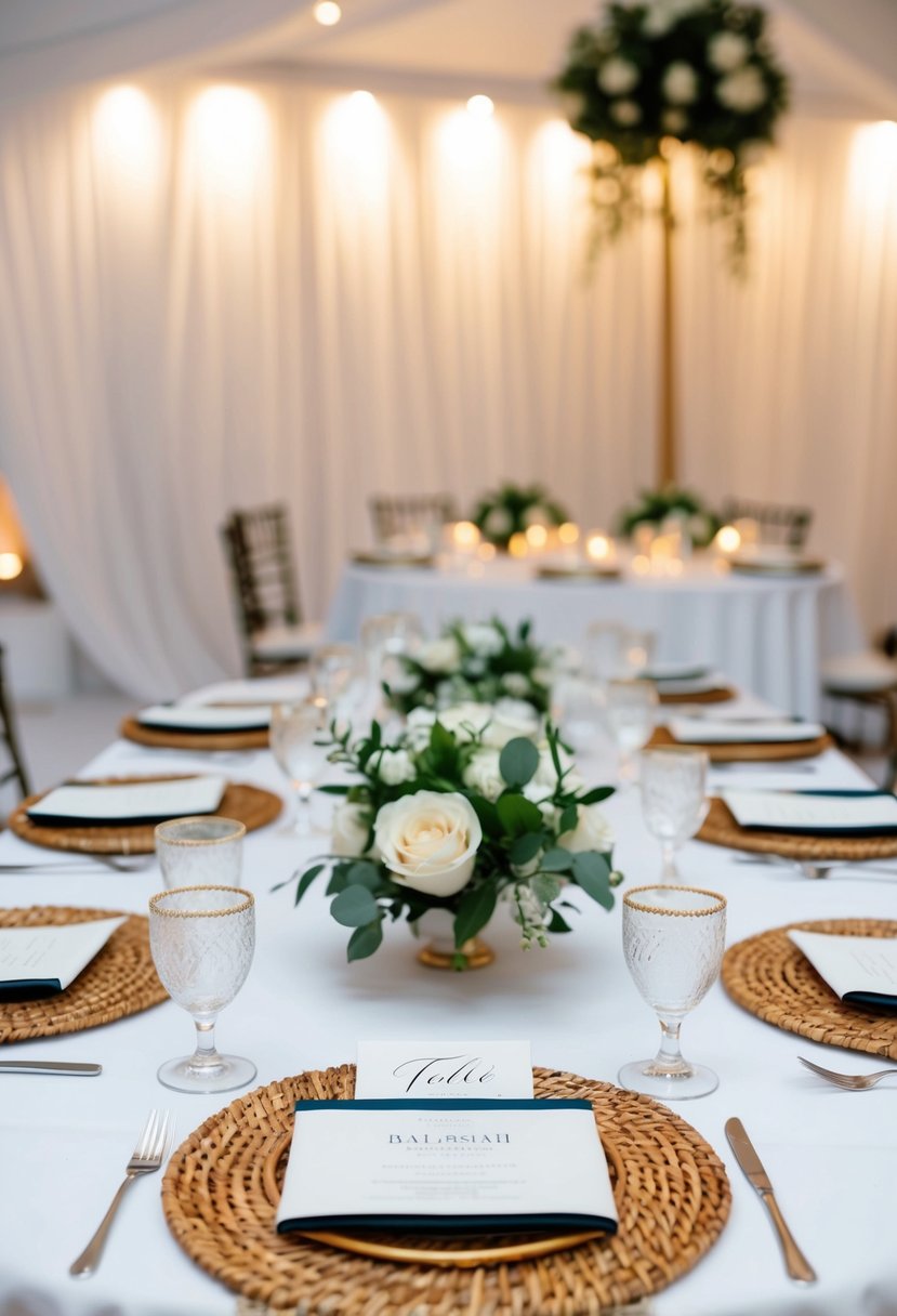 A white wedding table adorned with rattan placemats for added texture and elegance