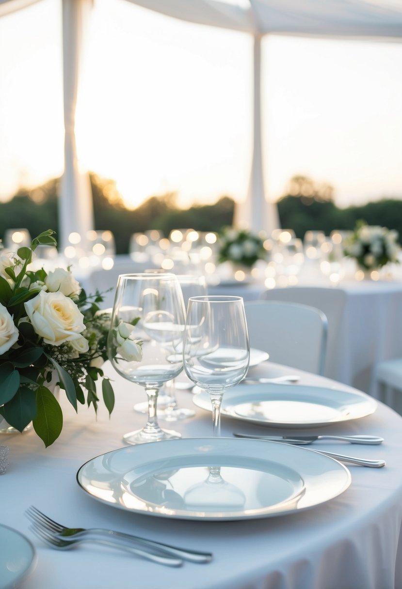 The milky white glassware gleams on the pristine wedding table, creating an elegant and ethereal atmosphere