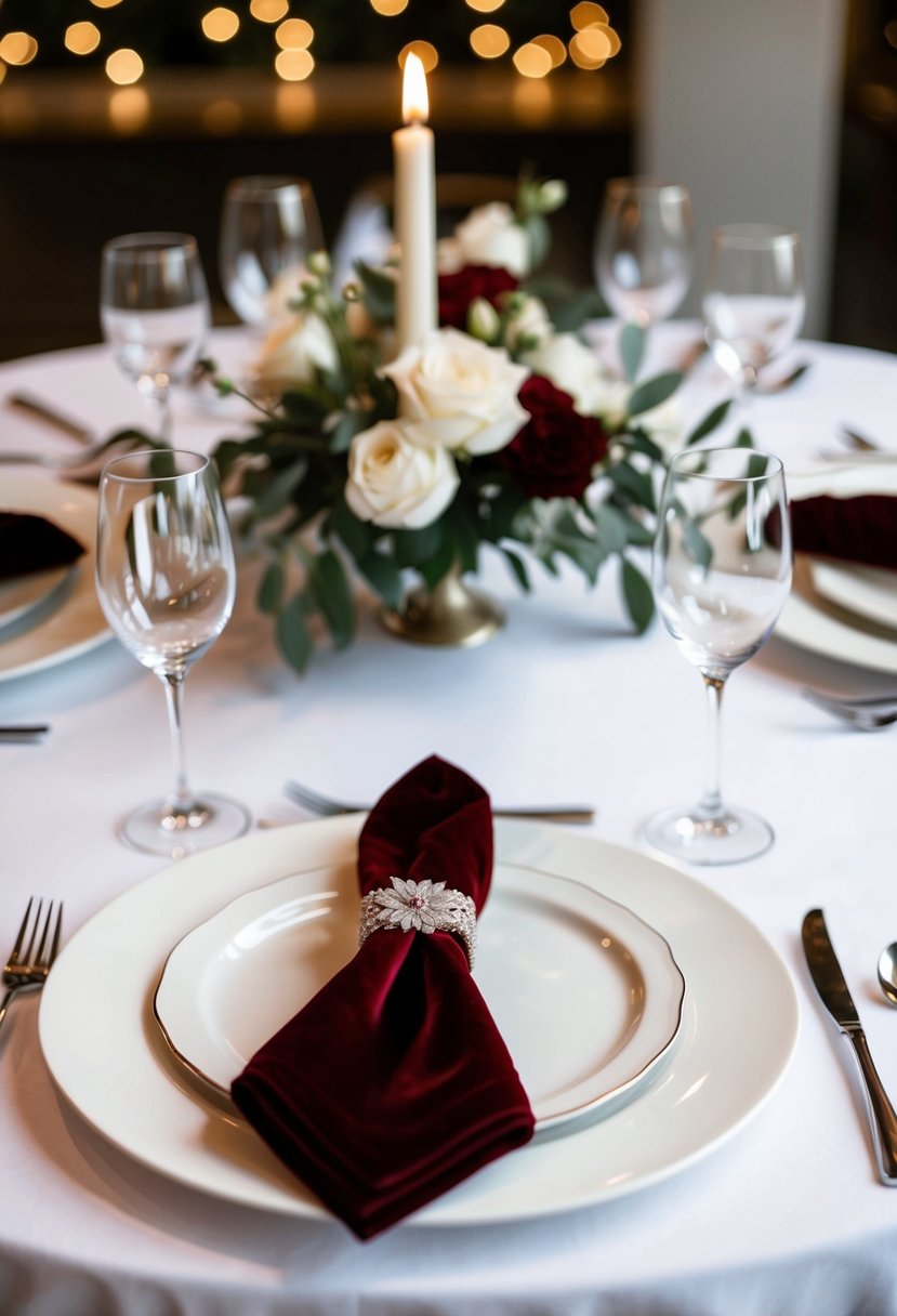 A white table adorned with velvet napkin accents for a wedding