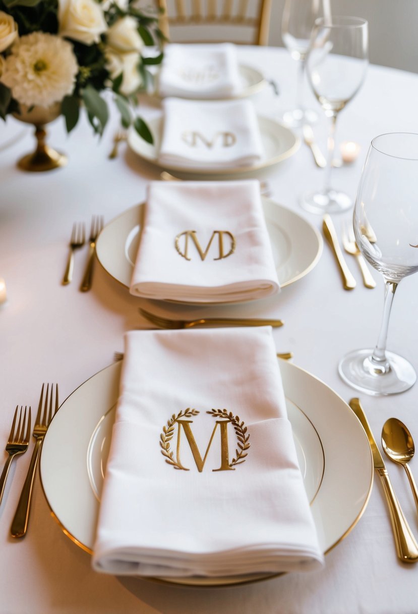 White napkins with monogram detail arranged on a pristine wedding table