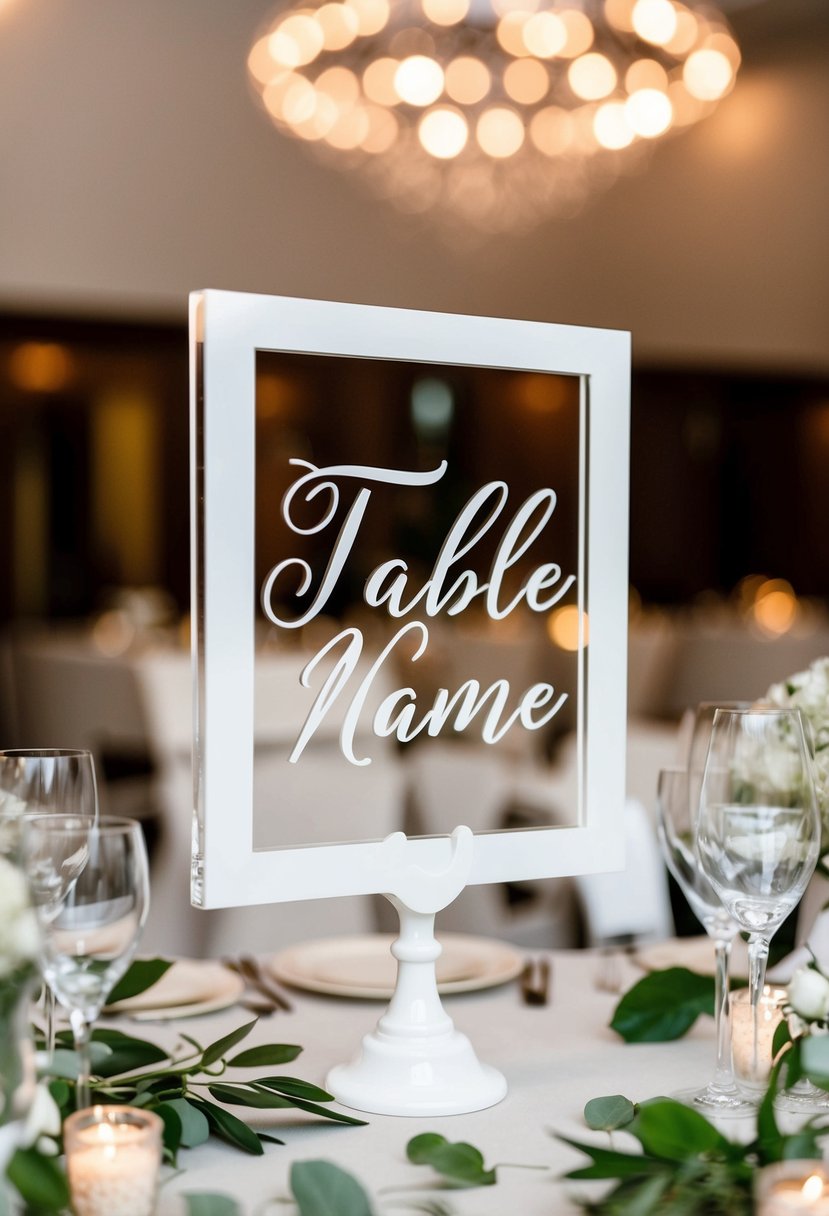 An all-white acrylic table name stand amidst elegant wedding table decorations