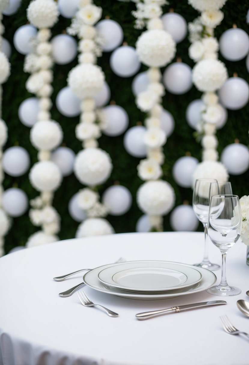 A white table with silver cutlery, set against a backdrop of all white wedding decorations for contrast