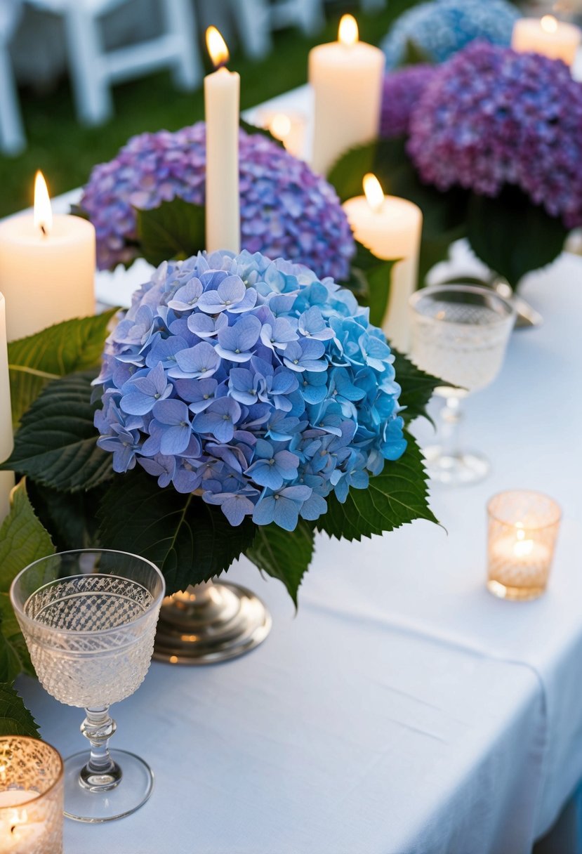 A white tablecloth adorned with hydrangeas in varying shades of blue and purple, surrounded by flickering candles and delicate glassware