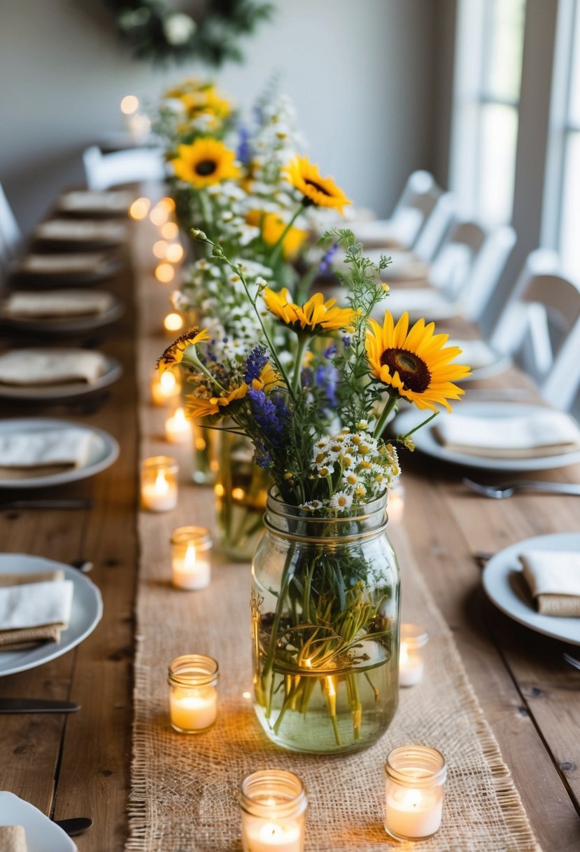 A simple table adorned with mason jar centerpieces filled with wildflowers, surrounded by flickering tea lights and rustic burlap table runners