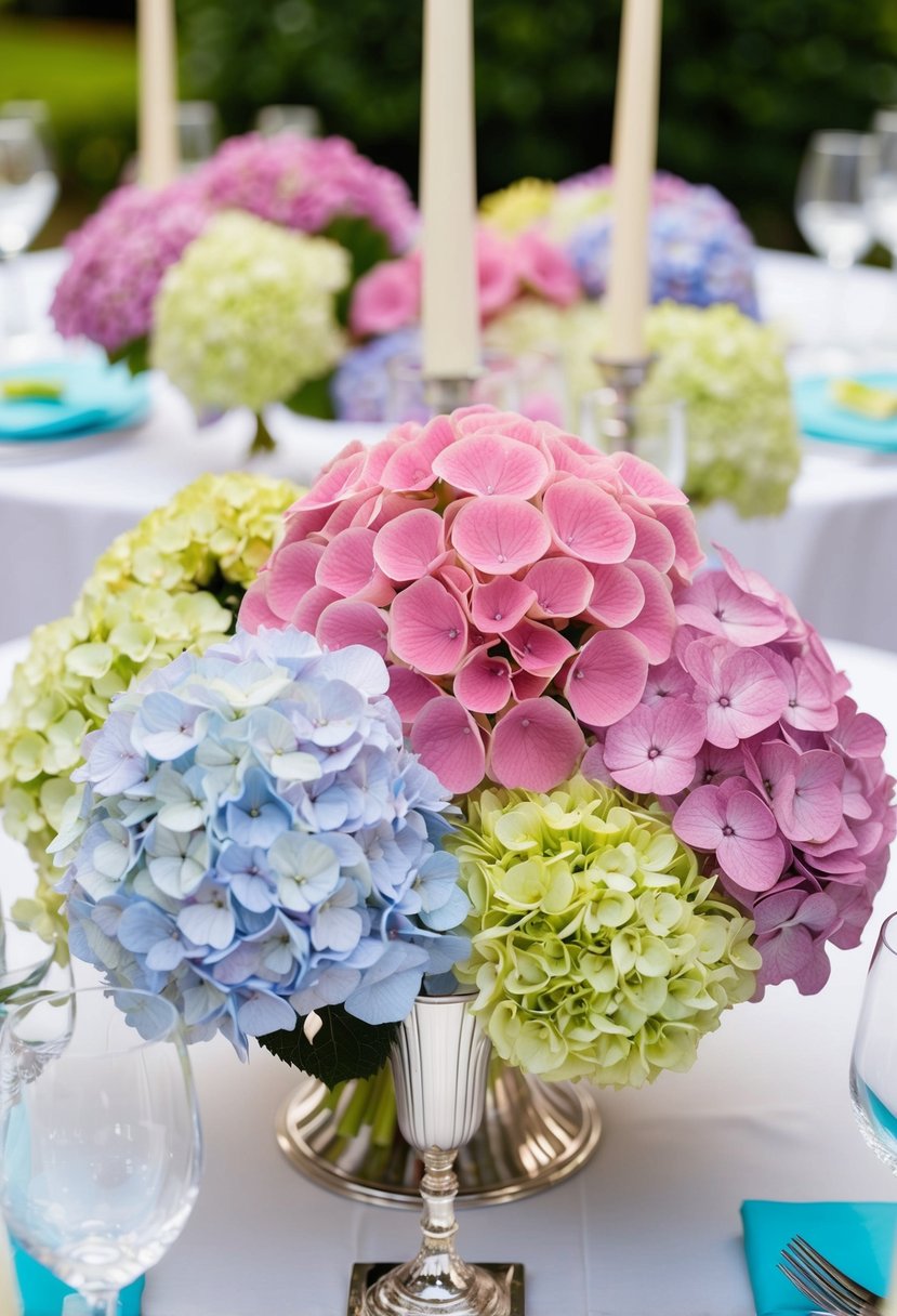 A table adorned with a mix of pastel and bold hydrangeas, creating a striking contrast for a wedding centerpiece