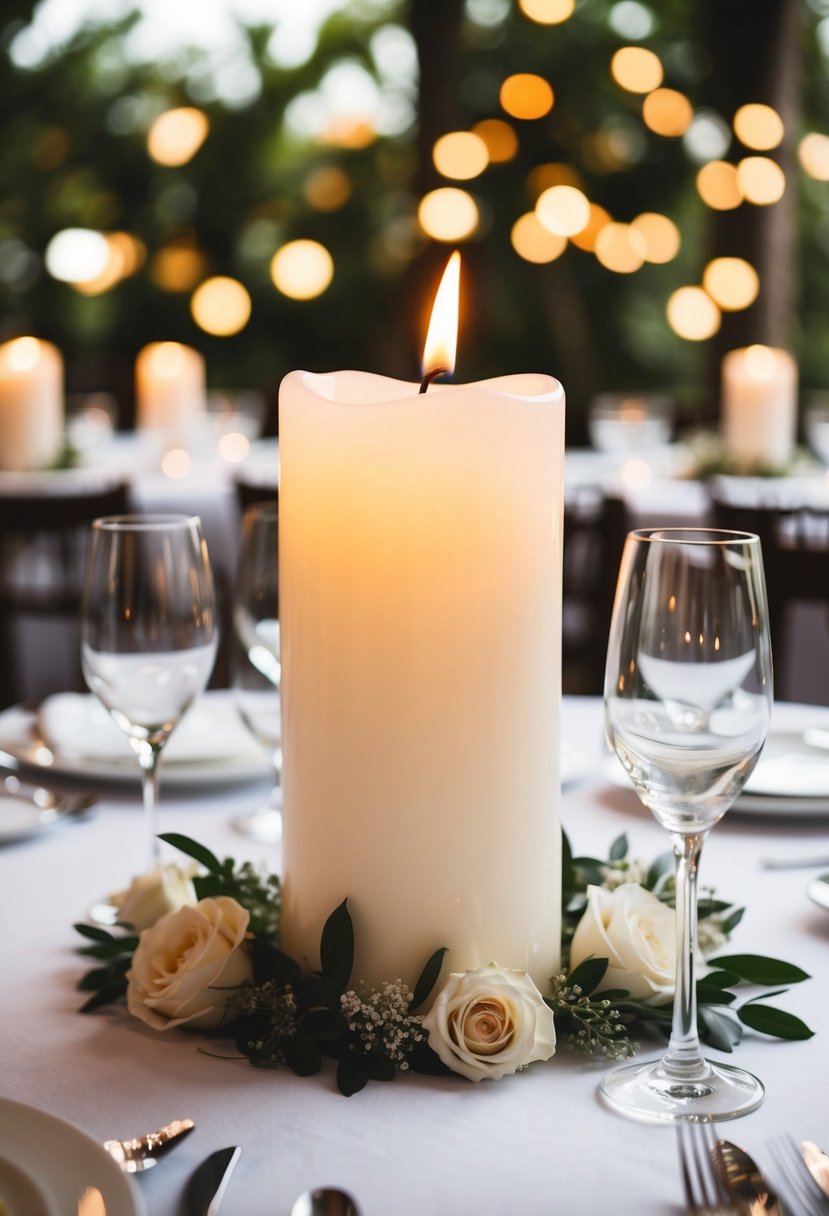 A white scented pillar candle centerpiece on a wedding table