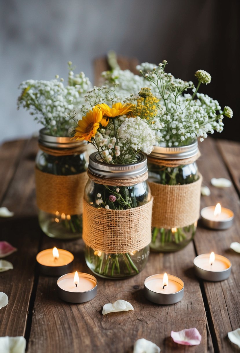 Burlap-wrapped mason jars filled with wildflowers and baby's breath sit atop a rustic wooden table, surrounded by flickering tea lights and scattered rose petals